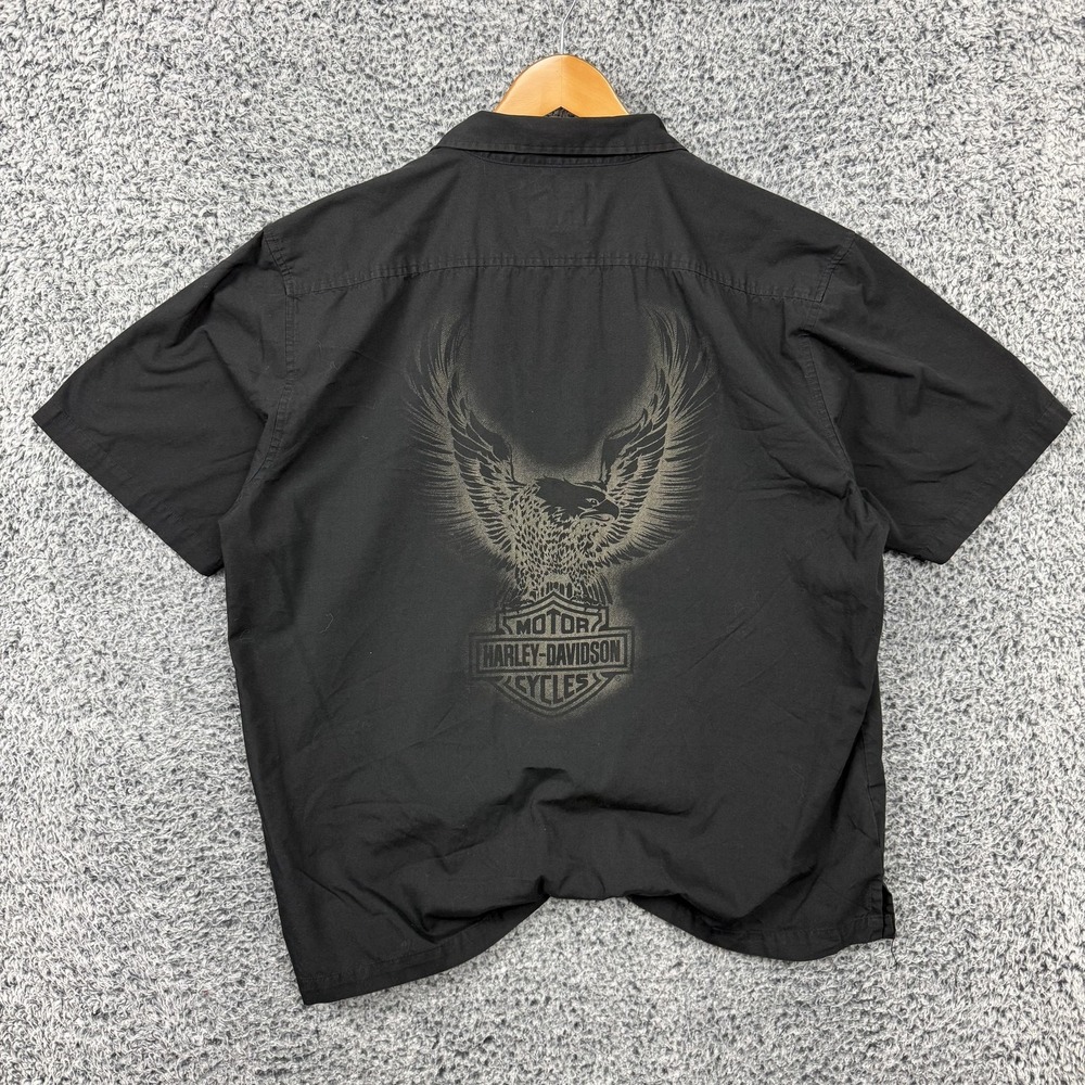 Harley Davidson Shirt Mens 2XL Black Eagle Button Up Mechanic Biker Motorcycle